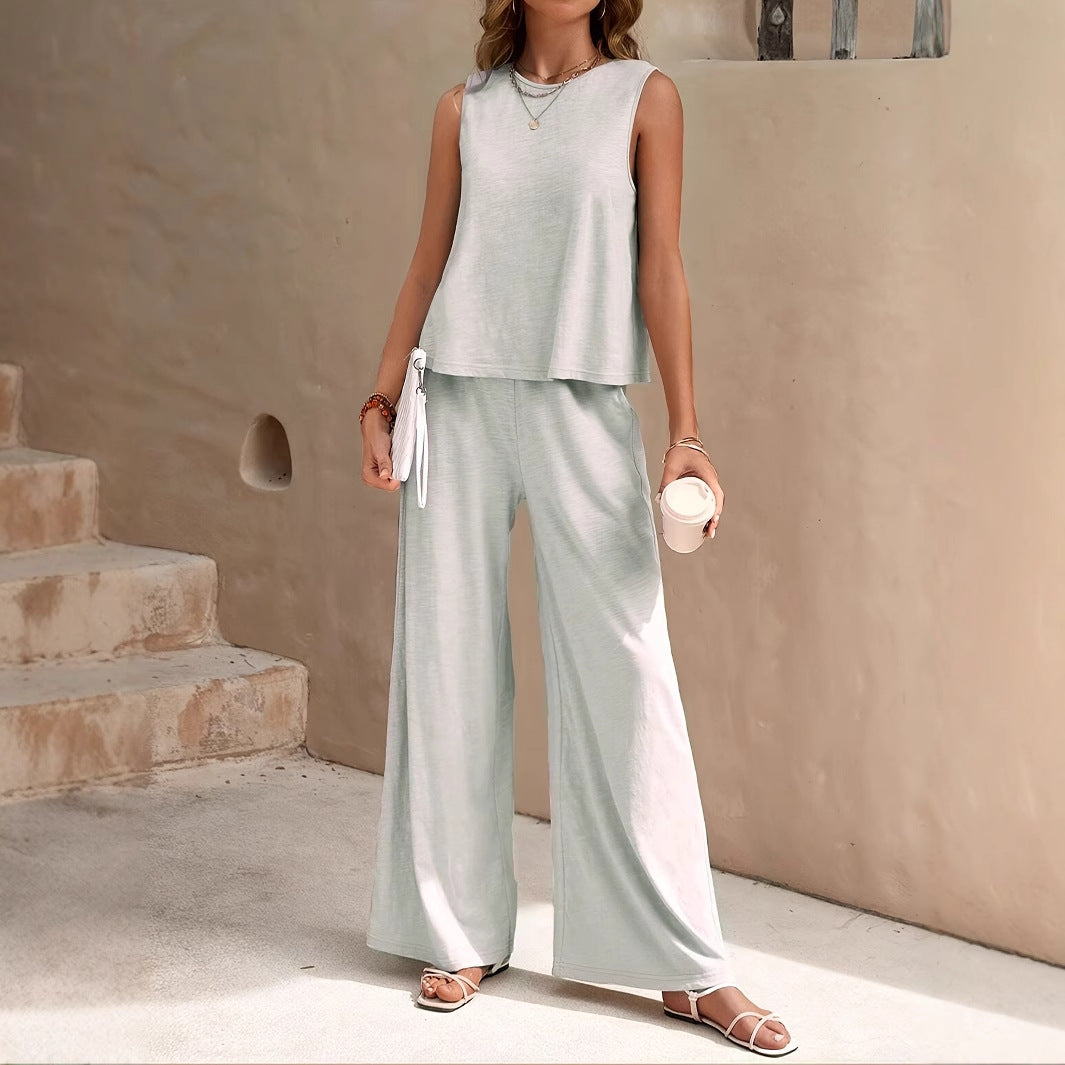 Women's Pure Color Tank  and Casual Wide-leg Pants Two-piece Set