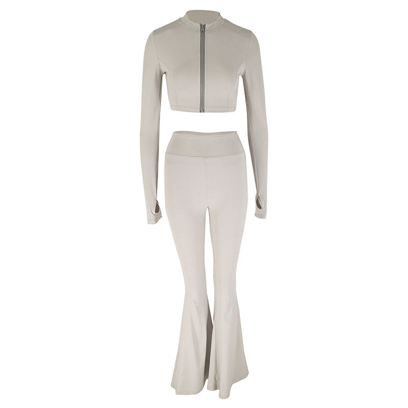 Zipper small stand up collar crop top slim fit pants set for women