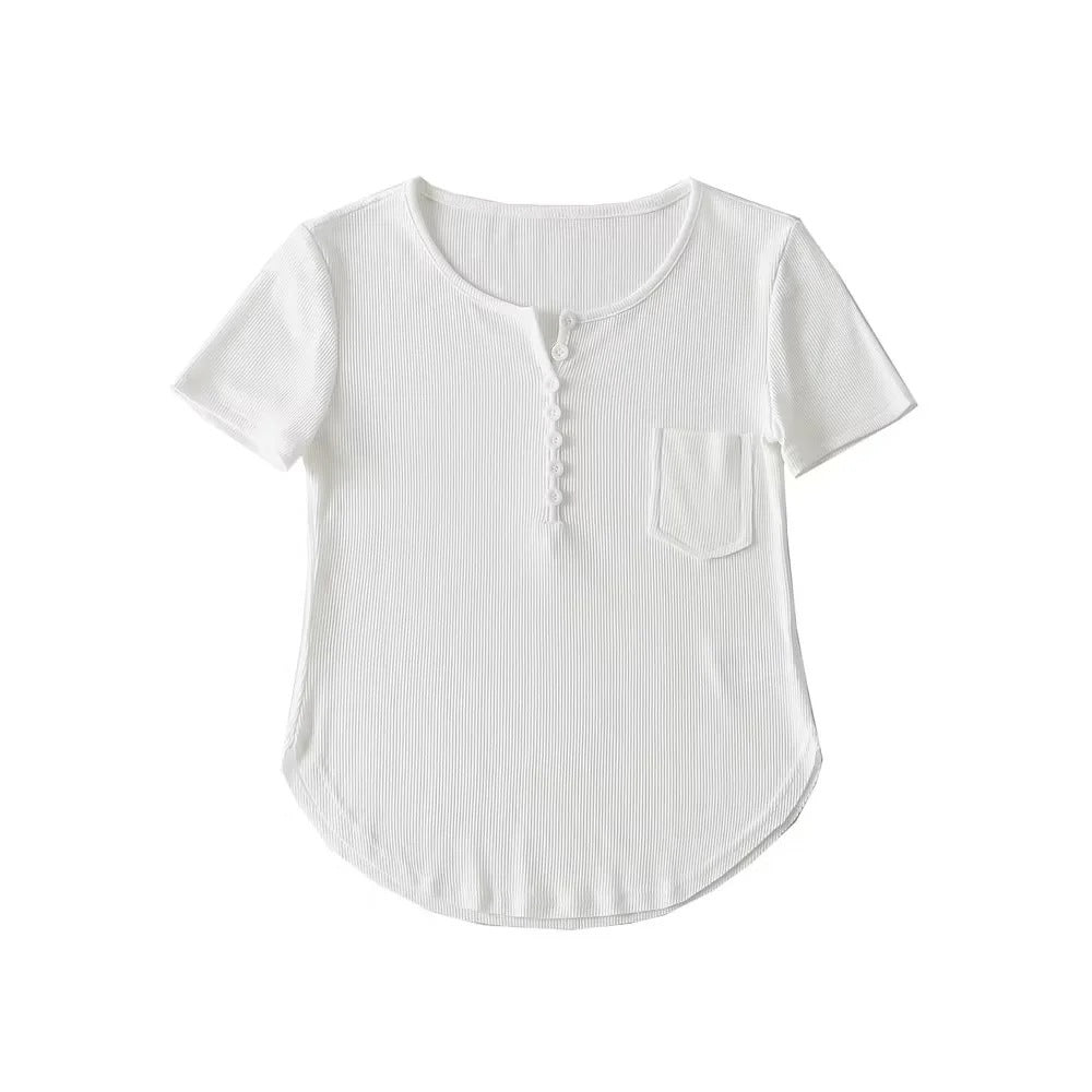Round neck small breasted pocket short sleeved T-shirt
