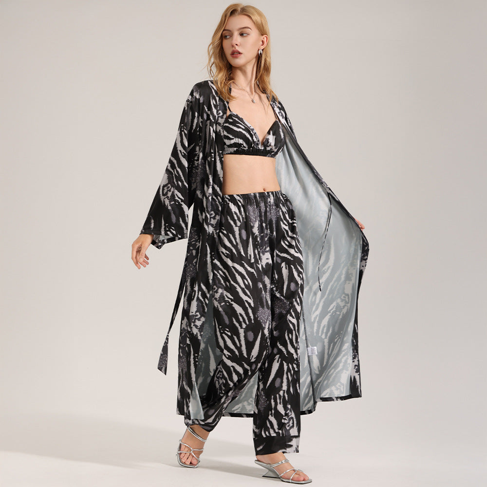 Women's summer long robe and pants three piece set