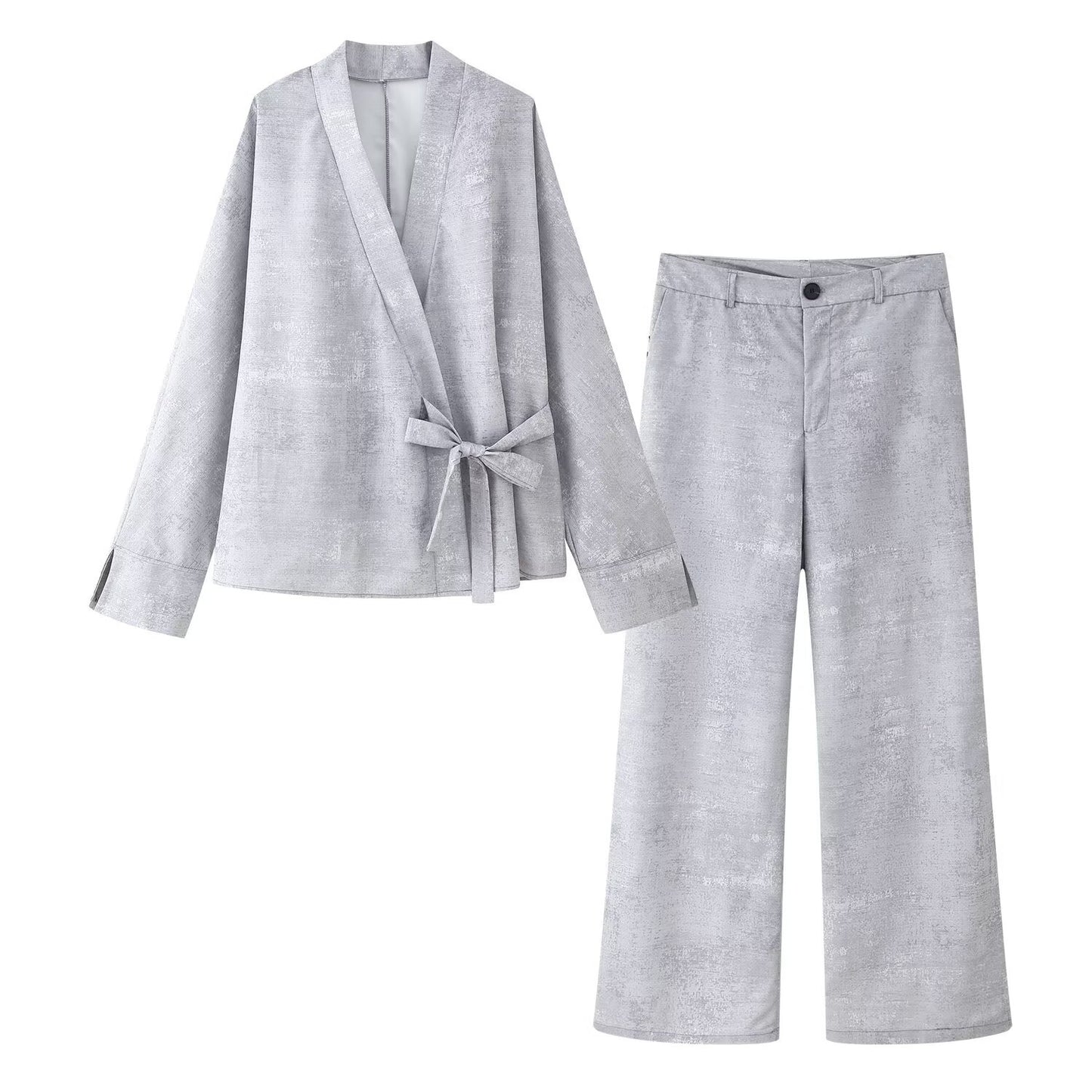 Women's Clothing Kimono-style Belted Top + Wide-leg Long Pants Two-piece Set