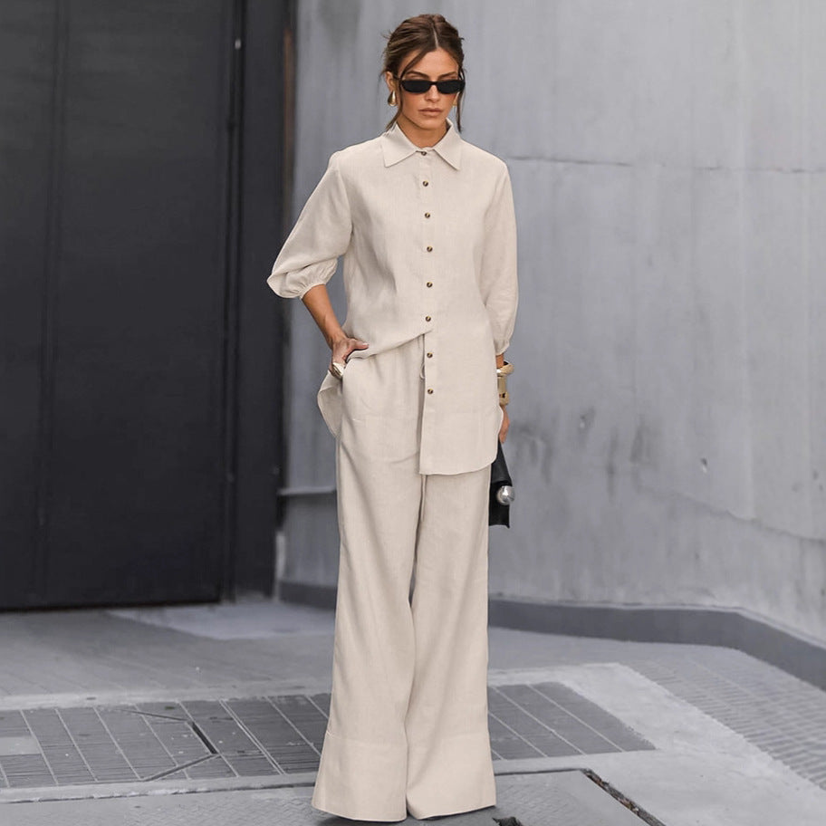 Cotton Linen Suit for Women, Elegant Loose Fit Long Sleeve Trousers Two-Piece Set