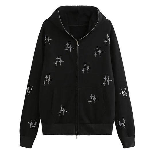 Loose Rhinestone Zipper Hooded Sweater by XINGX