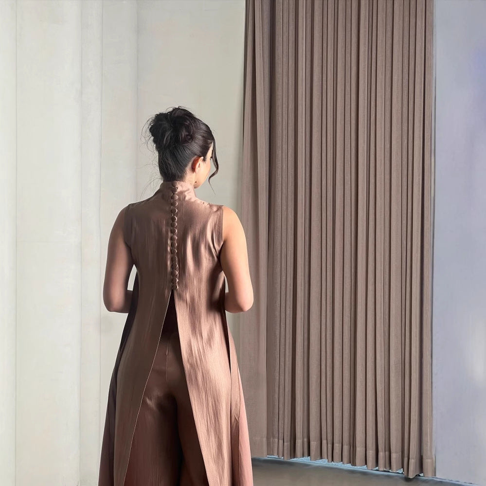 Button Vintage Elegant Jumpsuit Long Robe Two-Piece Set