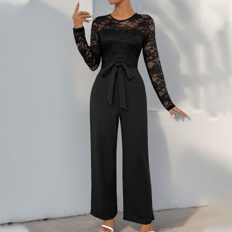 Elegant Lace Splicing Commuter Belted Jumpsuit