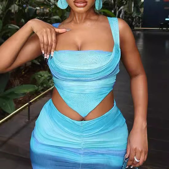 Printed sexy lace up suspender slit half skirt women's vest dress set