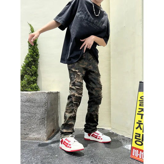 Coconut Style Military Patchwork Denim Cargo Pants