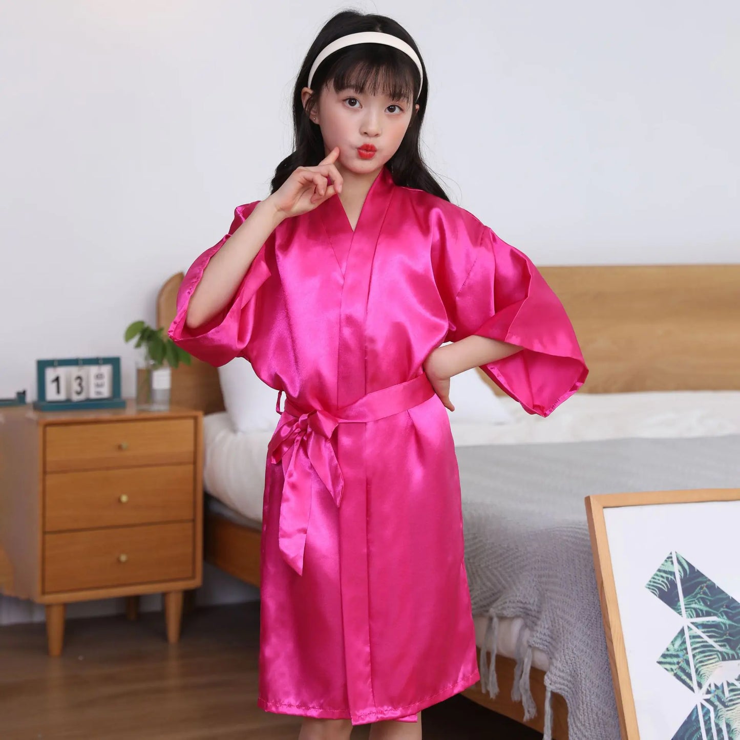 Children's Solid Color Silk Satin Bathrobe Kimono