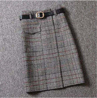 Woolen Plaid Women's High Waist Slit Midi Skirt