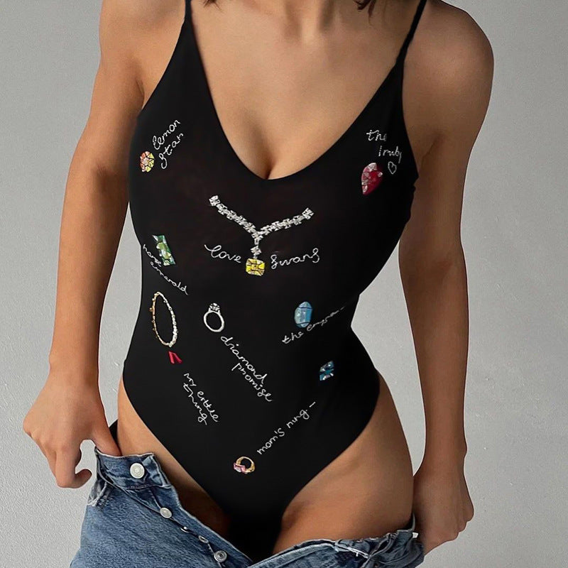 Elegant Women's Off-the-Shoulder Fitted Printed Mesh Backless Jumpsuit