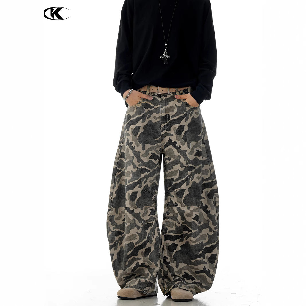Knife-Cut Denim Work Pants Unisex Loose Wide-Leg Slimming Casual Trousers