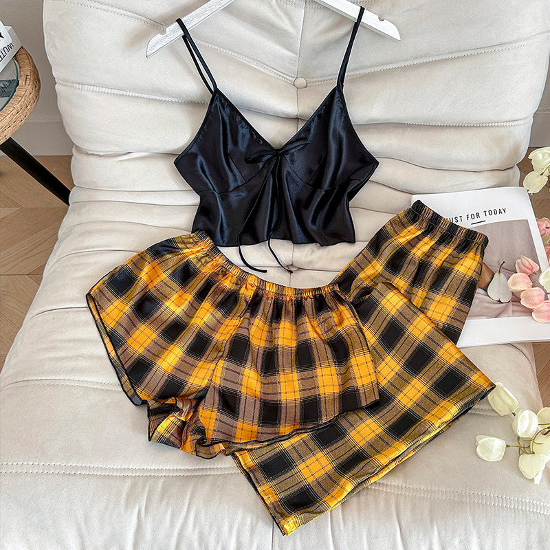 Women's home suit set with camisole and pants divided into three pieces