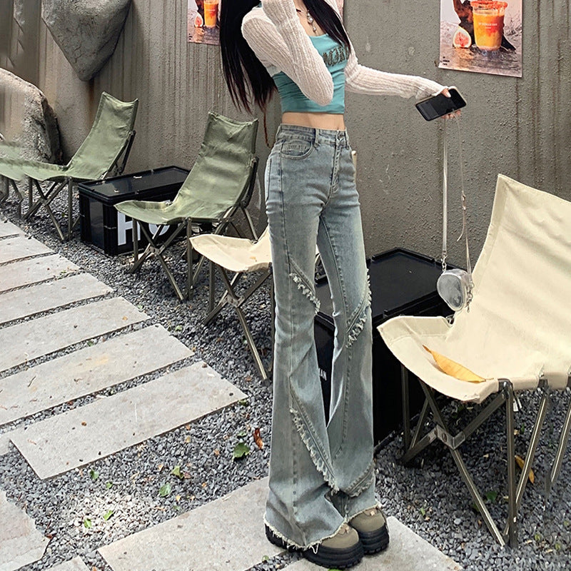 Design Sense High-Waist Frayed Hem Flare Jeans Women's Slim Fit Versatile Horsehoof Flare Denim Pants