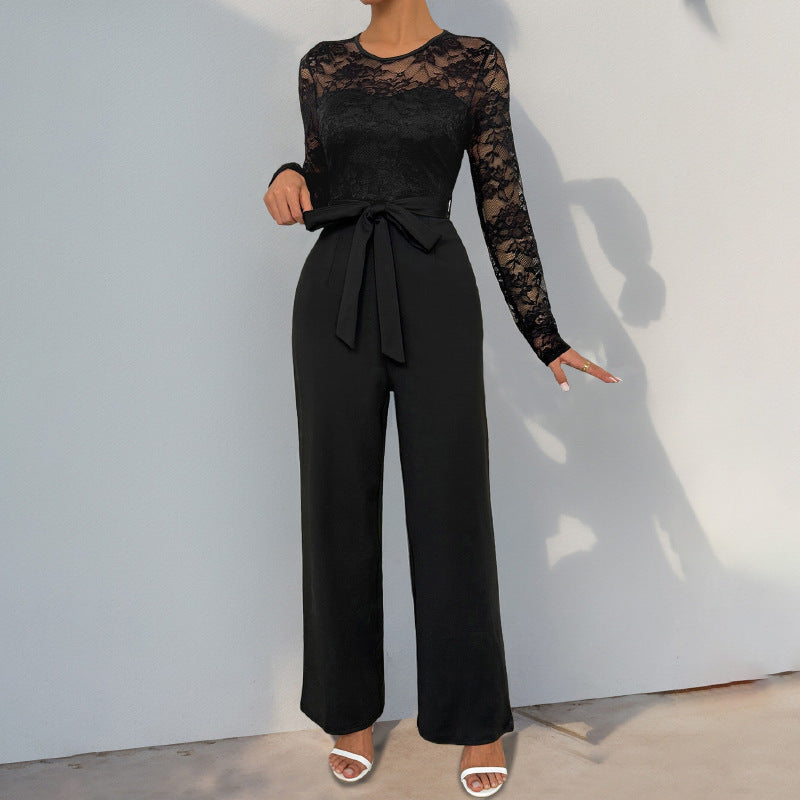 Elegant Lace Splicing Commuter Belted Jumpsuit