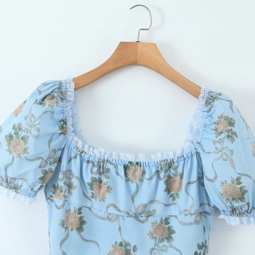 Palace style square neck bubble sleeves lace patchwork printed dress for women