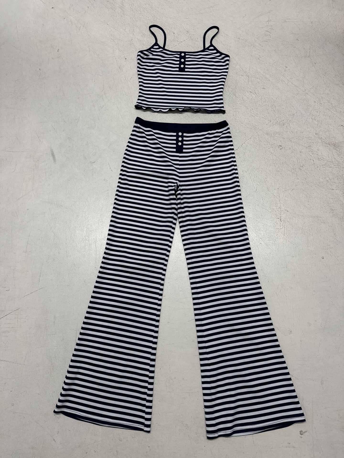 Home Stripe Casual Suit Button Short Crop Top Low Waist Navel-Exposed Slightly Spicy Long Pants