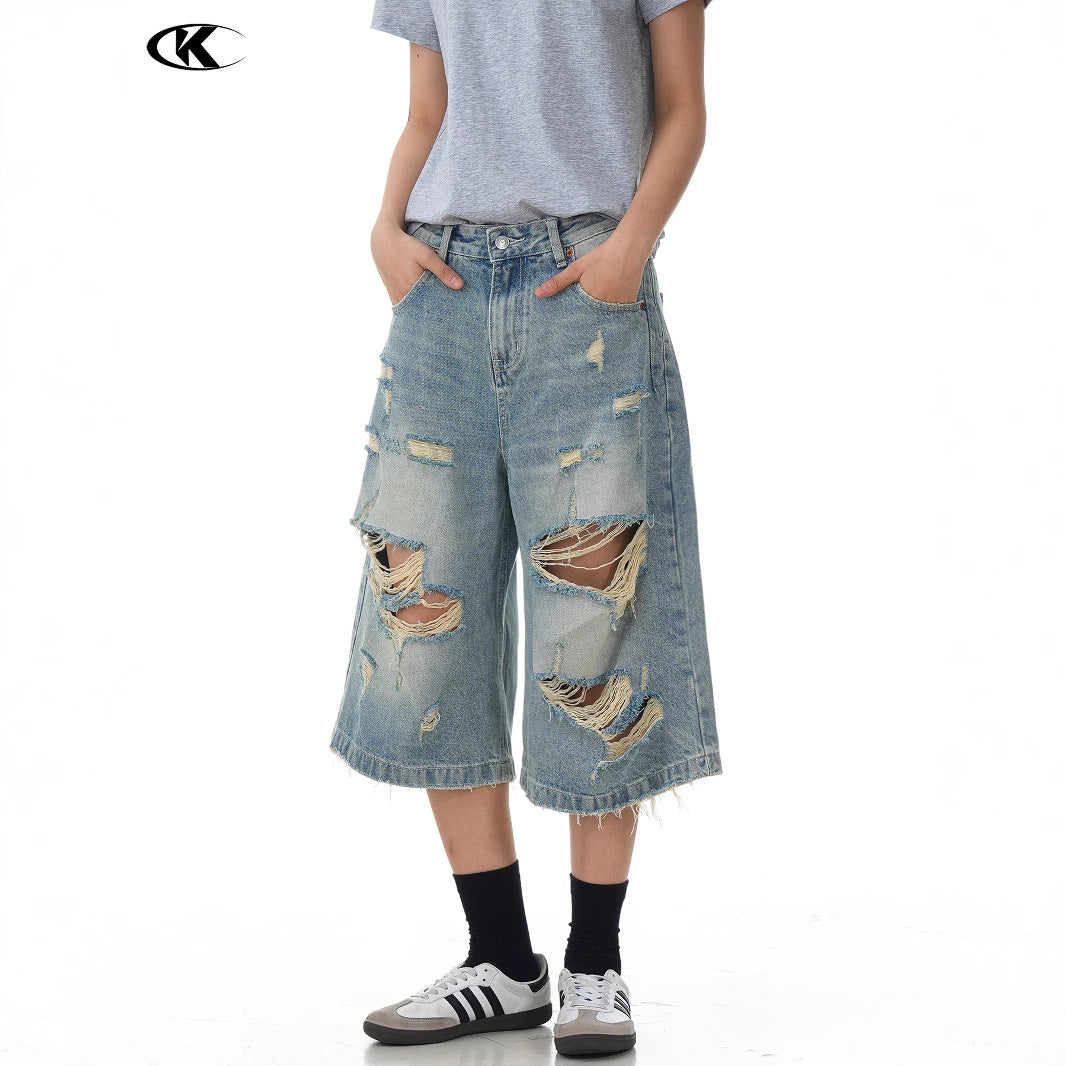 Design Seven-Quarter Denim Pants Washed Loose Straight Trendy Shorts