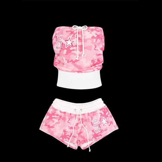 Y2K Retro Digital Print Tube Top and Strap Shorts Set for Casual Vacation Wear