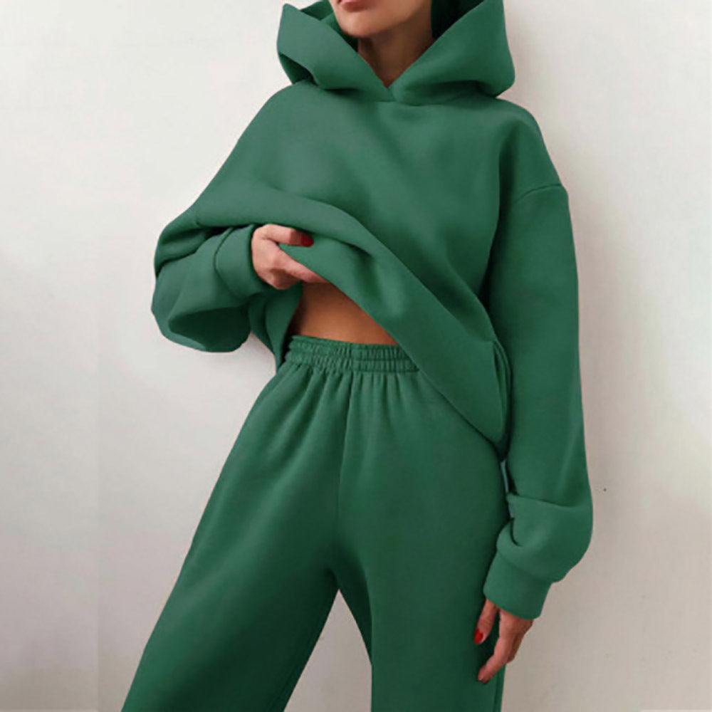 Women's Spring Hooded Set Solid Color Casual  Sports Sweatshirt Set