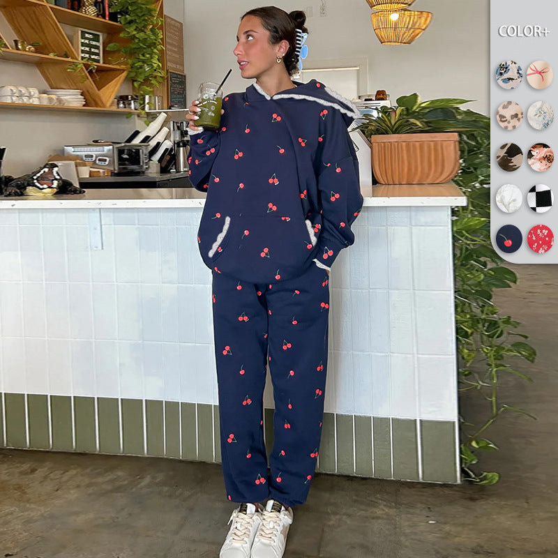 Print Hooded Sweatshirt and Cuffed Long Pants Comfortable Two-Piece Set