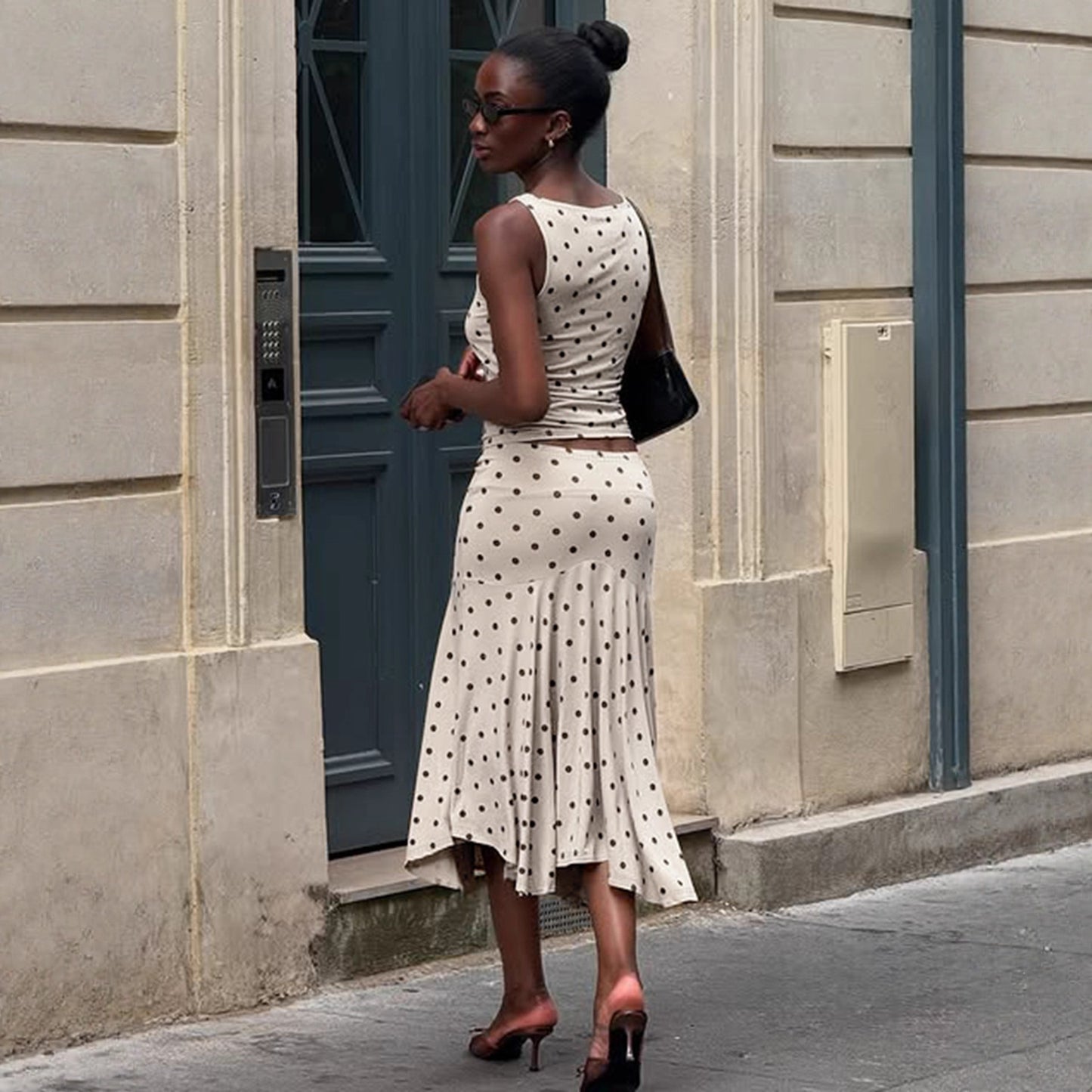 Elegant Polka Dot Sleeveless Short Top Set with Waist-Cinching Bodycon Figure-Flattering Mermaid Long Skirt