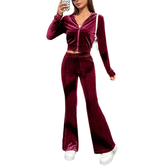 Zipper Velvet Autumn Sports Set Casual Hooded Top and Flare Pants Set