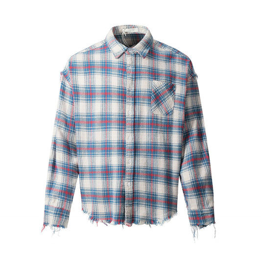 Color Block Frayed Tassel Loose Notched Collar Trendy Button Down Shirt