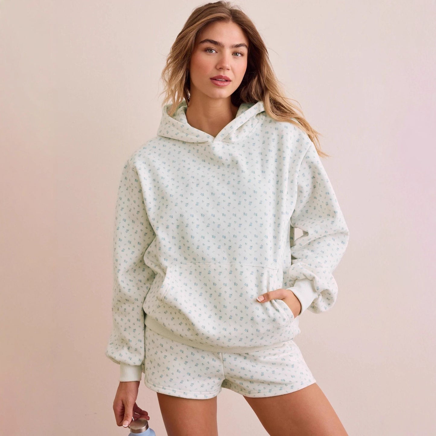 Loose Floral Hooded Sweatshirt High-Waist Sports Shorts Home Leisure Two-Piece Set
