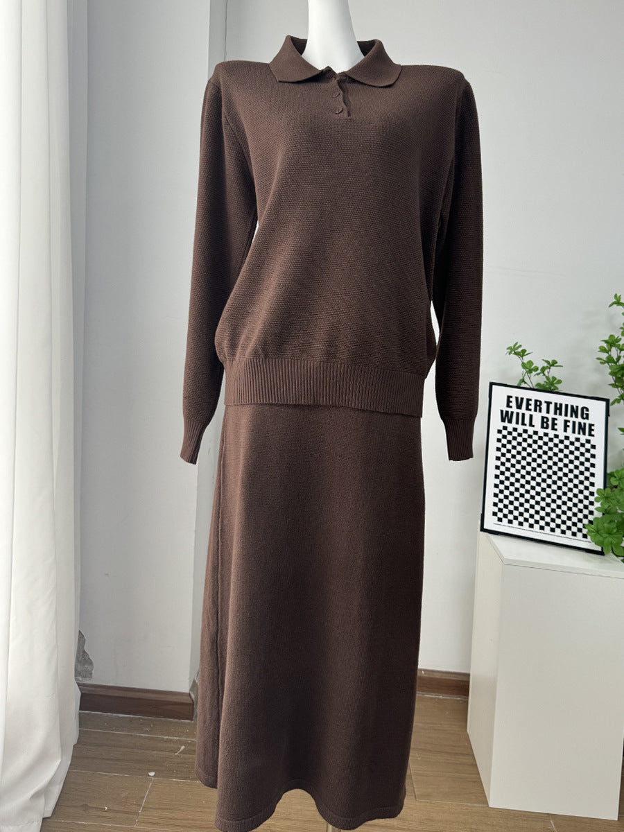 Solid Color Turn-down Collar Sweater Set Women's Loose Knit Polo Collar Sweater Wide-leg Pants Two-piece Set