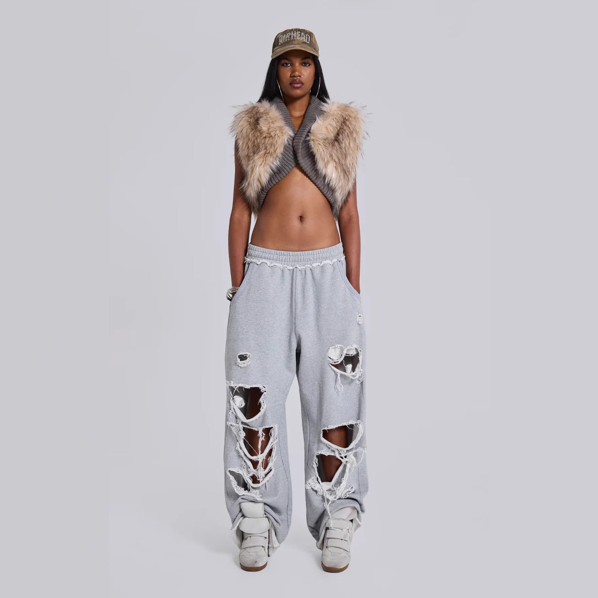 Style Trendy Casual Pants Street Hip-hop Distressed Design Wide-leg Loose Sweatpants