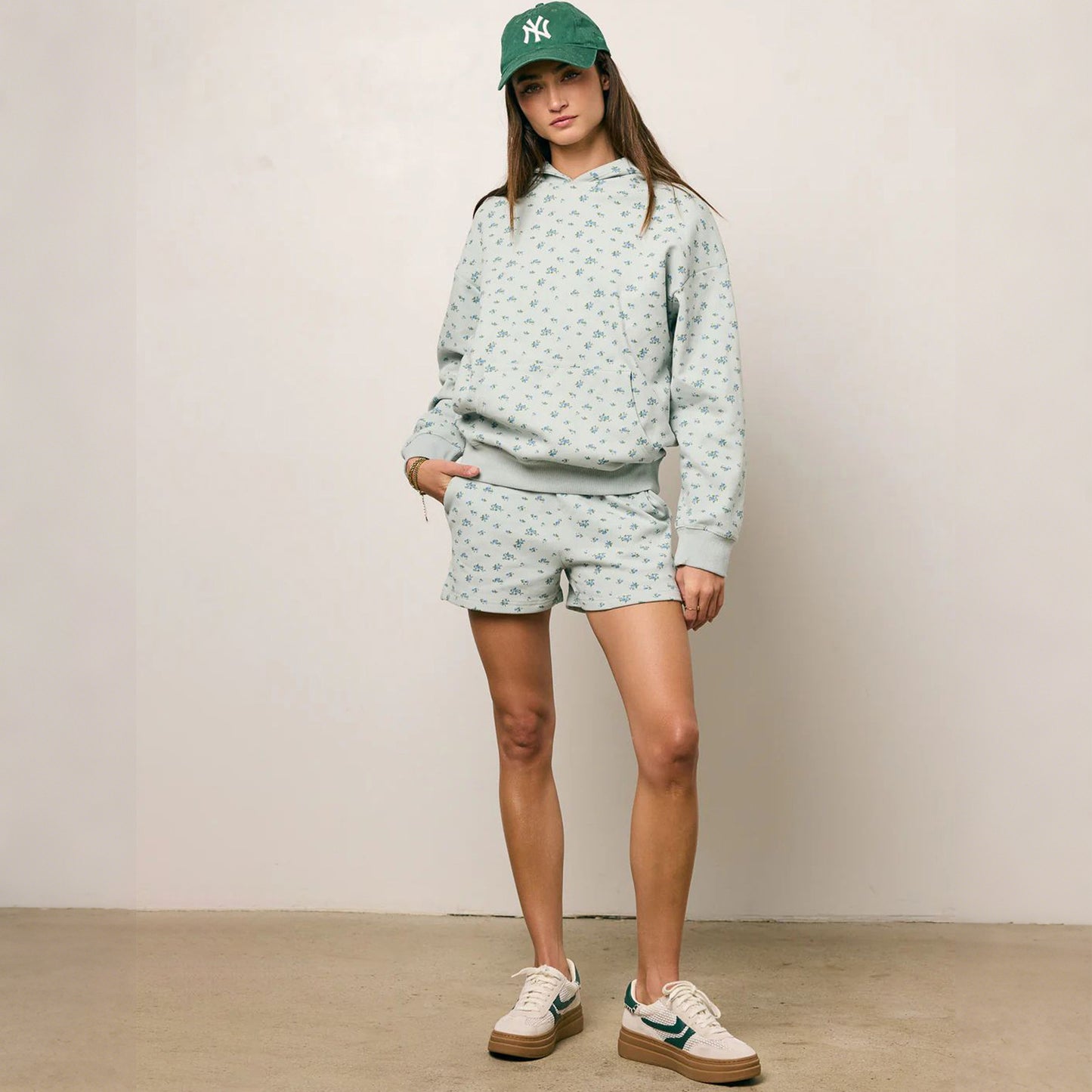 Loose Floral Hooded Sweatshirt High-Waist Sports Shorts Home Leisure Two-Piece Set
