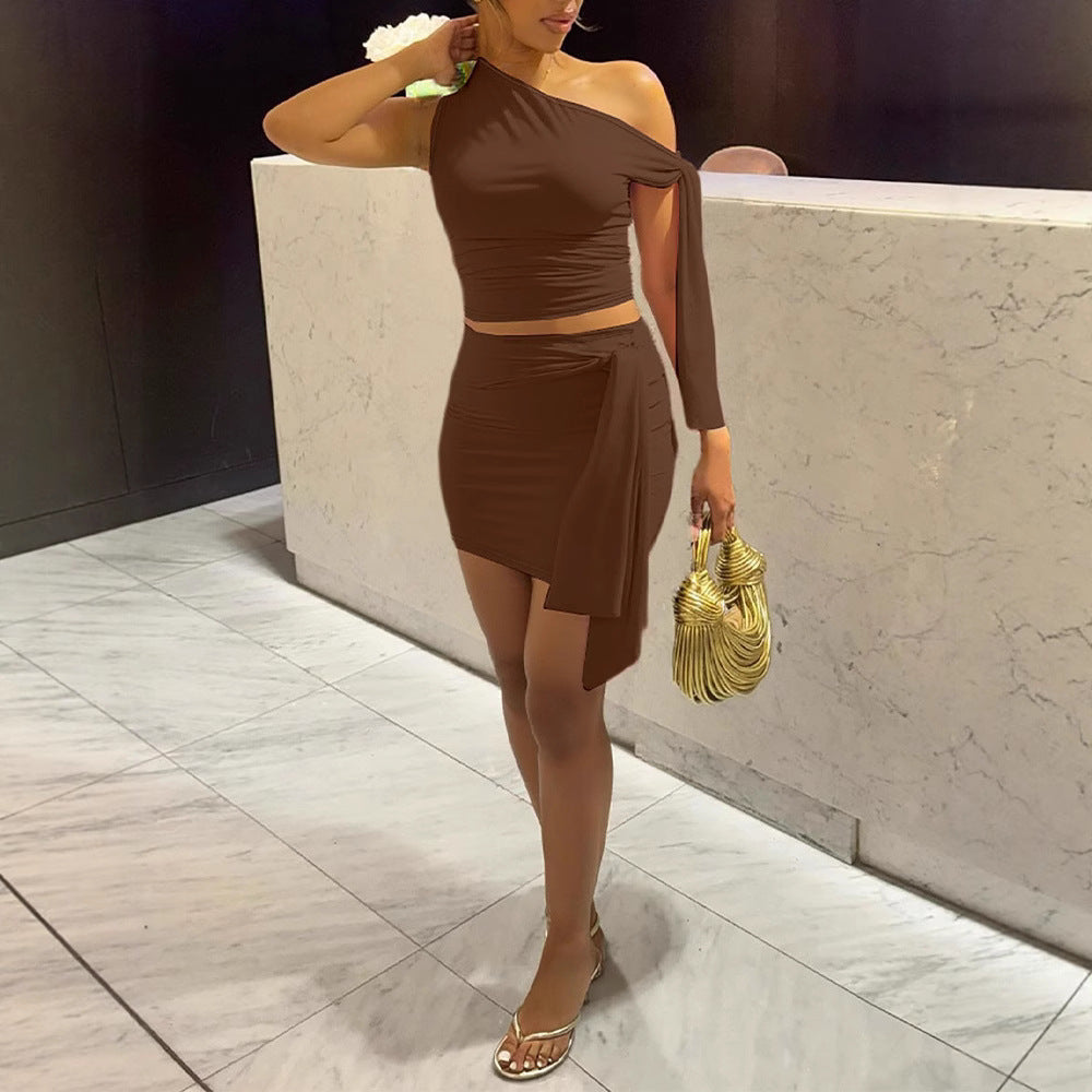 Women's Oblique Collar Tied Top with Fitted Pleated Skirt Set