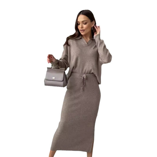 Style Knitted Suit Women's Core Spun Yarn Soft Slit Sweater with Belted Skirt