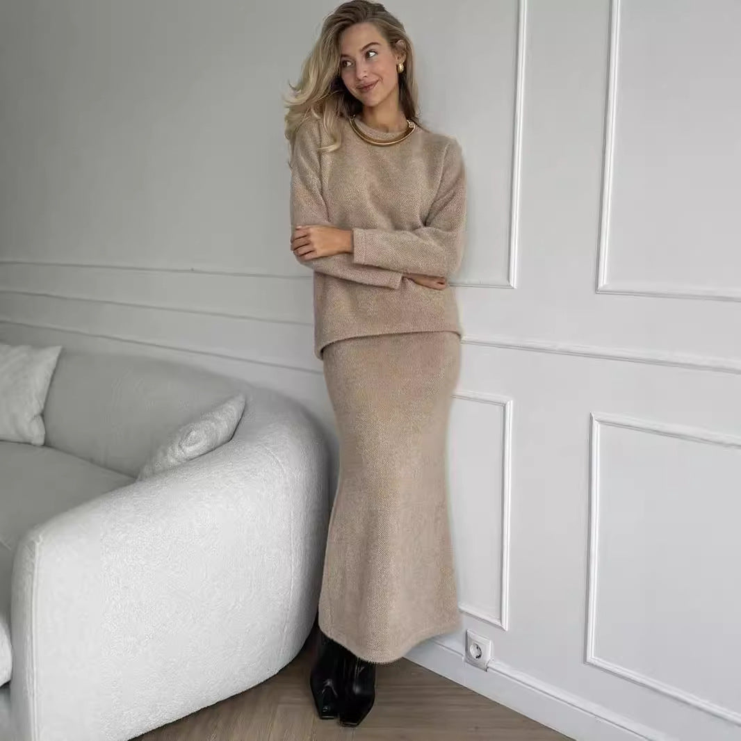 Elegant Soft Thickened Round Neck Sweater  Fish Tail Skirt Two-Piece Set for Women OL Style Top Skirt Suit