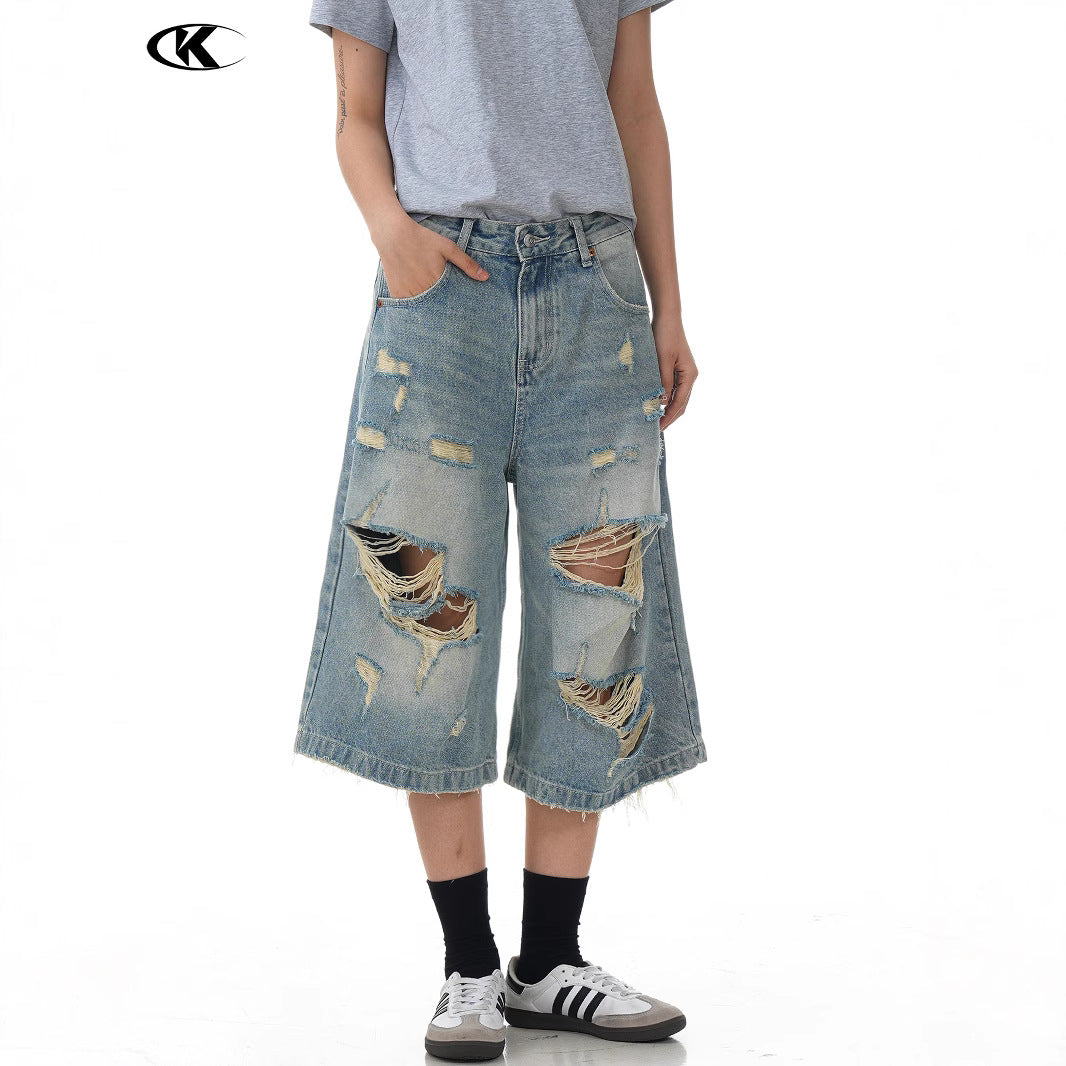 Design Seven-Quarter Denim Pants Washed Loose Straight Trendy Shorts