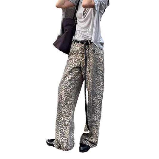 Retro Leopard Print Denim Pants Street Hip Hop Beige Straight Wide Leg High Waist Loose Denim Pants for Women