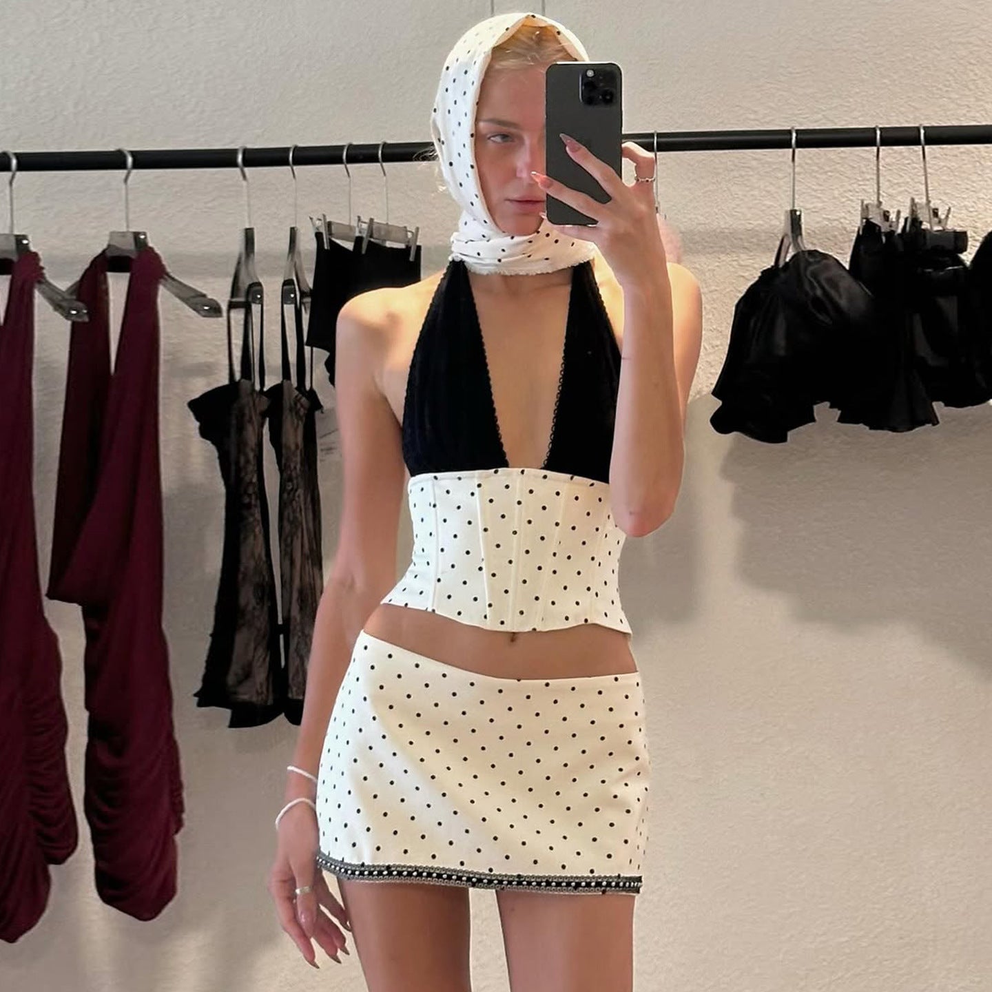 Audrey Hepburn Color Block Halter V-Neck Tank Top + Low Waist Polka Dot Mini A-Line Skirt Spicy Two-Piece Set