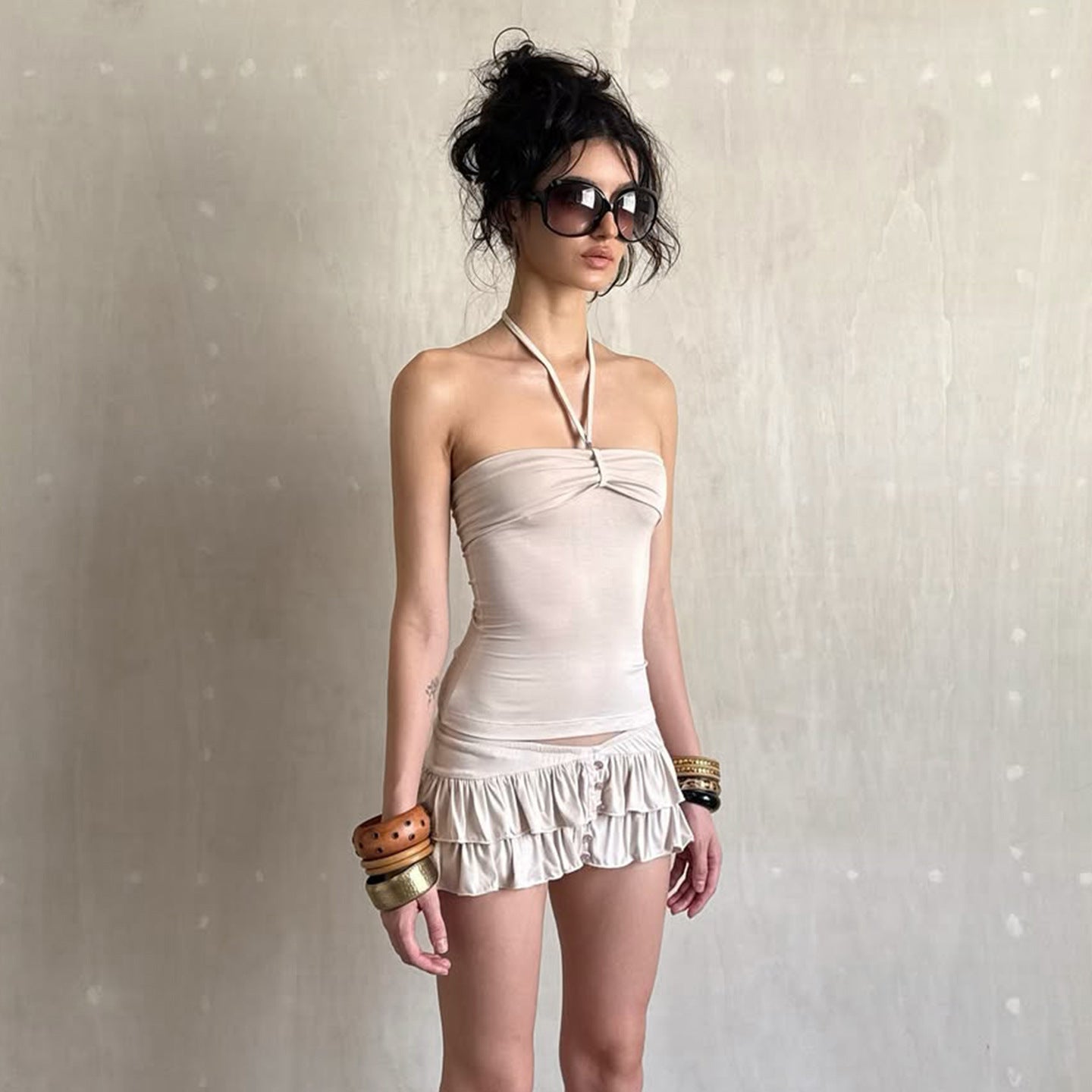 BM Style Pleated Halter Neck Strapless Crop Top Design Sense Low Waist Ruffle Tiered Mini Skirt Summer New Spicy Girl Set
