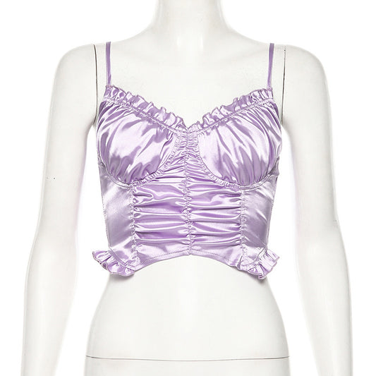 Fresh Strap Inner Wear Backless Pleated Fitted Crop Top and Skirt