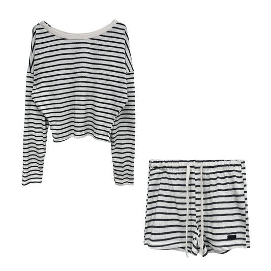 Sweet and Spicy Style Striped Set Loose Off-the-Shoulder T-Shirt + Casual Shorts