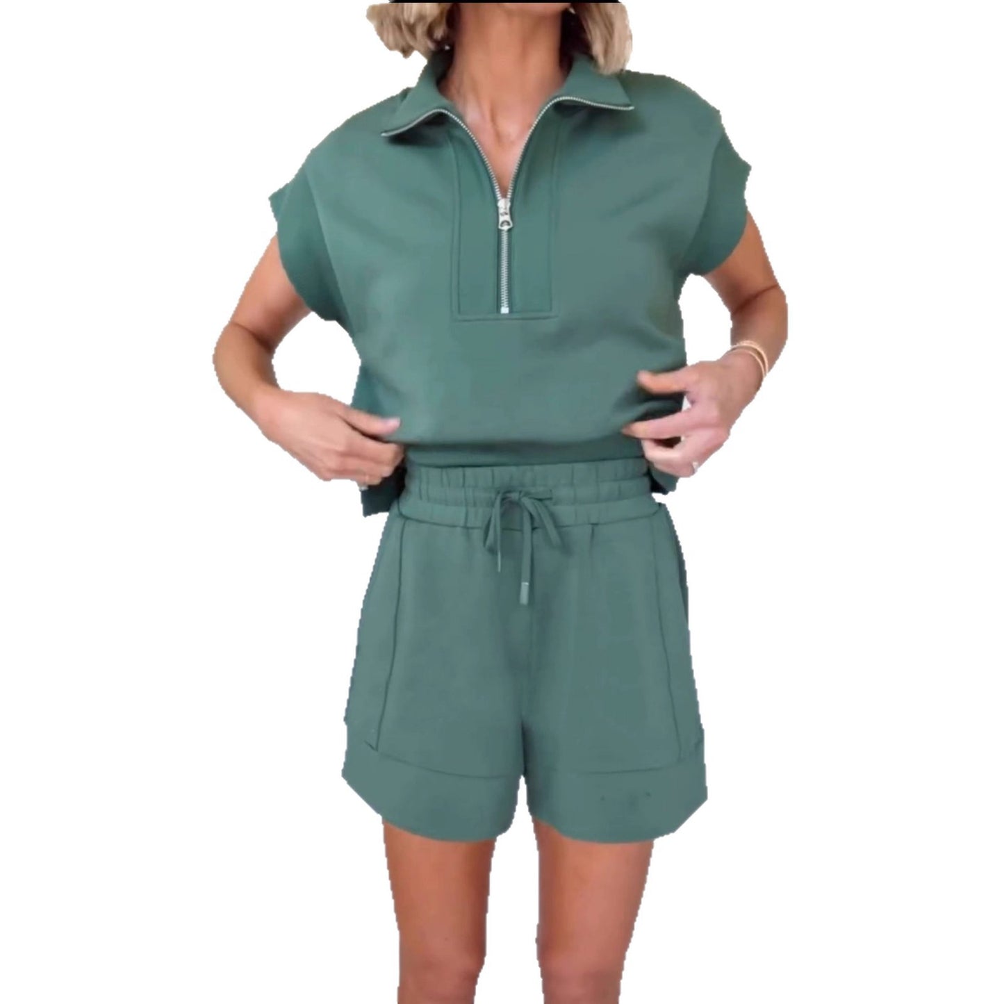 Casual Loose Two-Piece Set for Women - Short Sleeve Hoodie with Zipper Pockets and INS Style