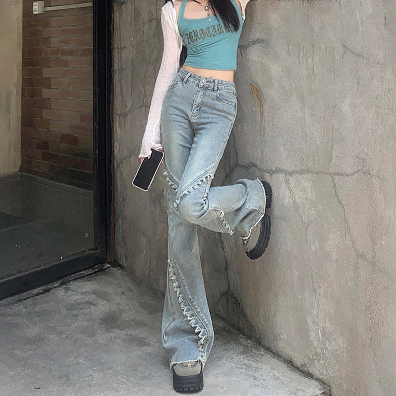 Design Sense High-Waist Frayed Hem Flare Jeans Women's Slim Fit Versatile Horsehoof Flare Denim Pants
