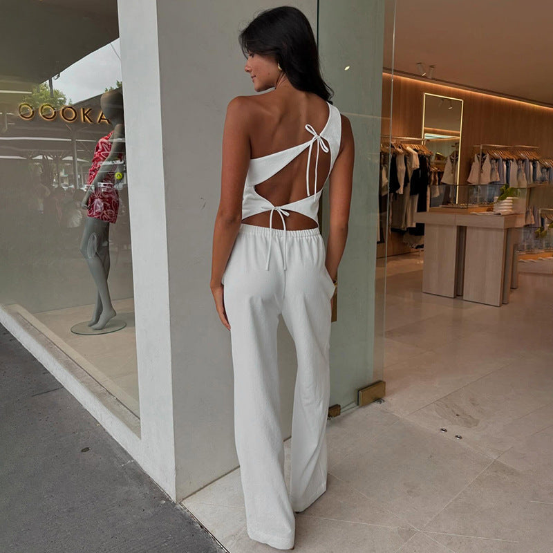 Solid color sleeveless sloping shoulder back hollow strap vest and pants set