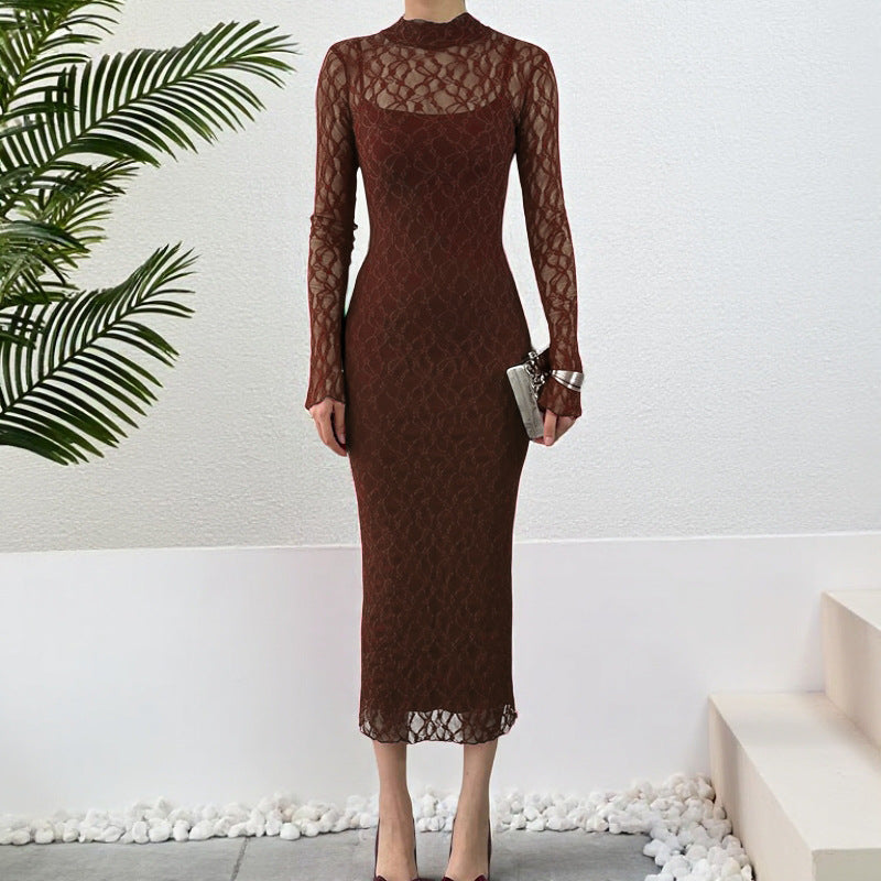 Sexy Mesh Hollow-out Long Sleeve Strap Dress Set