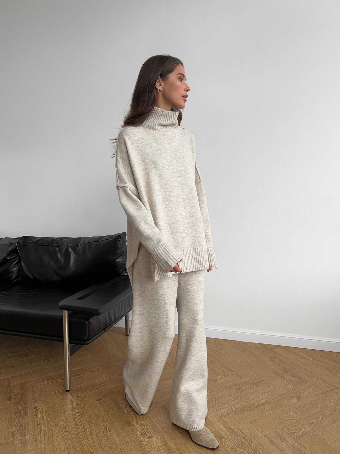 High Neck Slit Wool Sweater Set Women's Loose Casual Lazy Knitted Long Pants Two-Piece Set