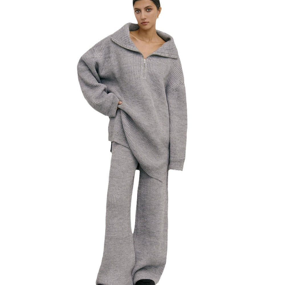 Women's Autumn and Winter Half-Zip Sweater Knit Straight Leg Long Pants Two-Piece Set