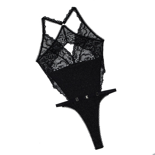 Lace patchwork cross back sexy see through jumpsuit