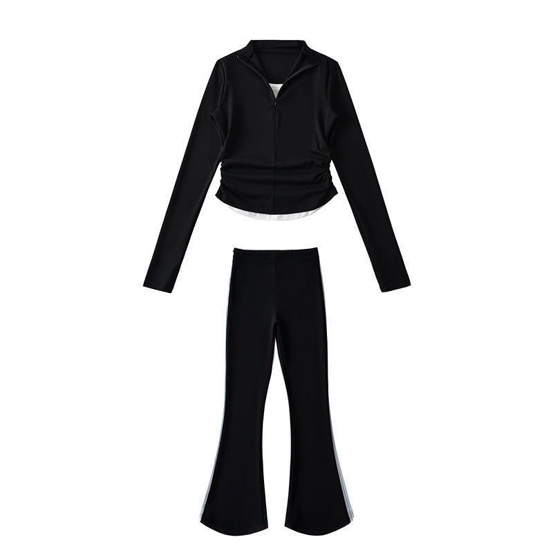 Fake two and a half zipper pleated tops+low waisted horseshoe micro flared pants