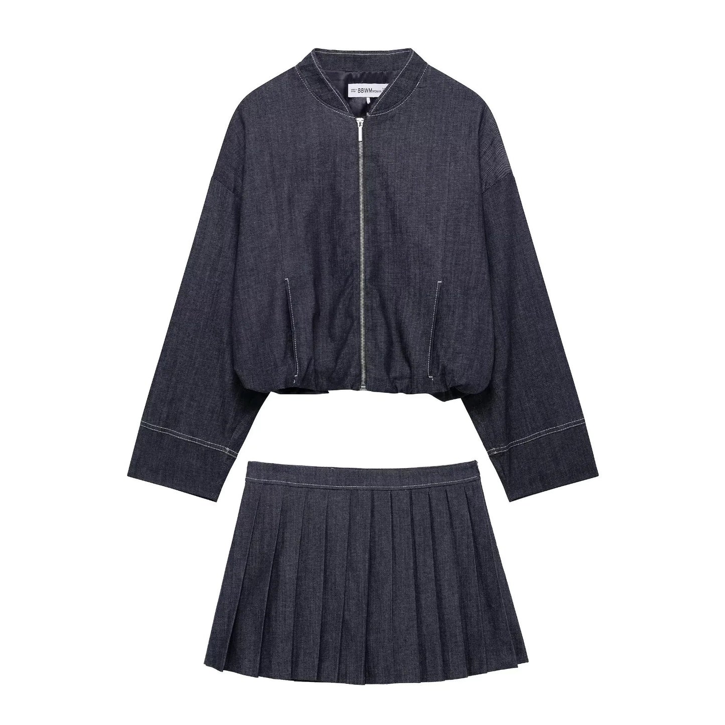 Women's Clothing Balloon Silhouette Pilot Jacket Wide Pleated Short Skirt