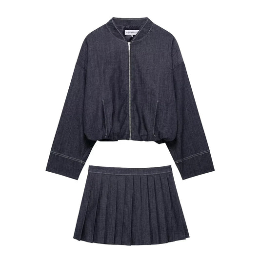 Women's Clothing Balloon Silhouette Pilot Jacket Wide Pleated Short Skirt